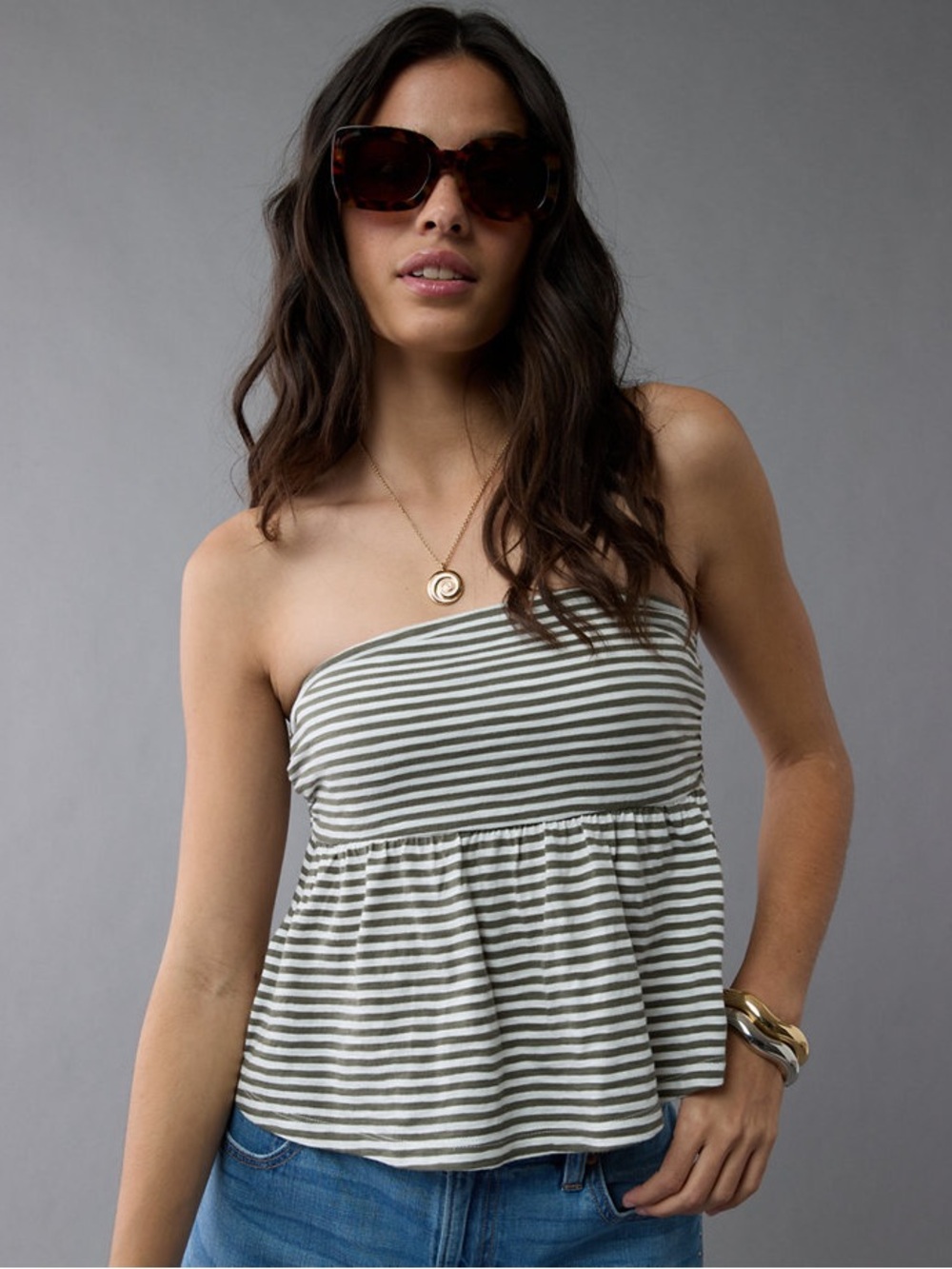 Striped Strapless babydoll Top - Navy/White